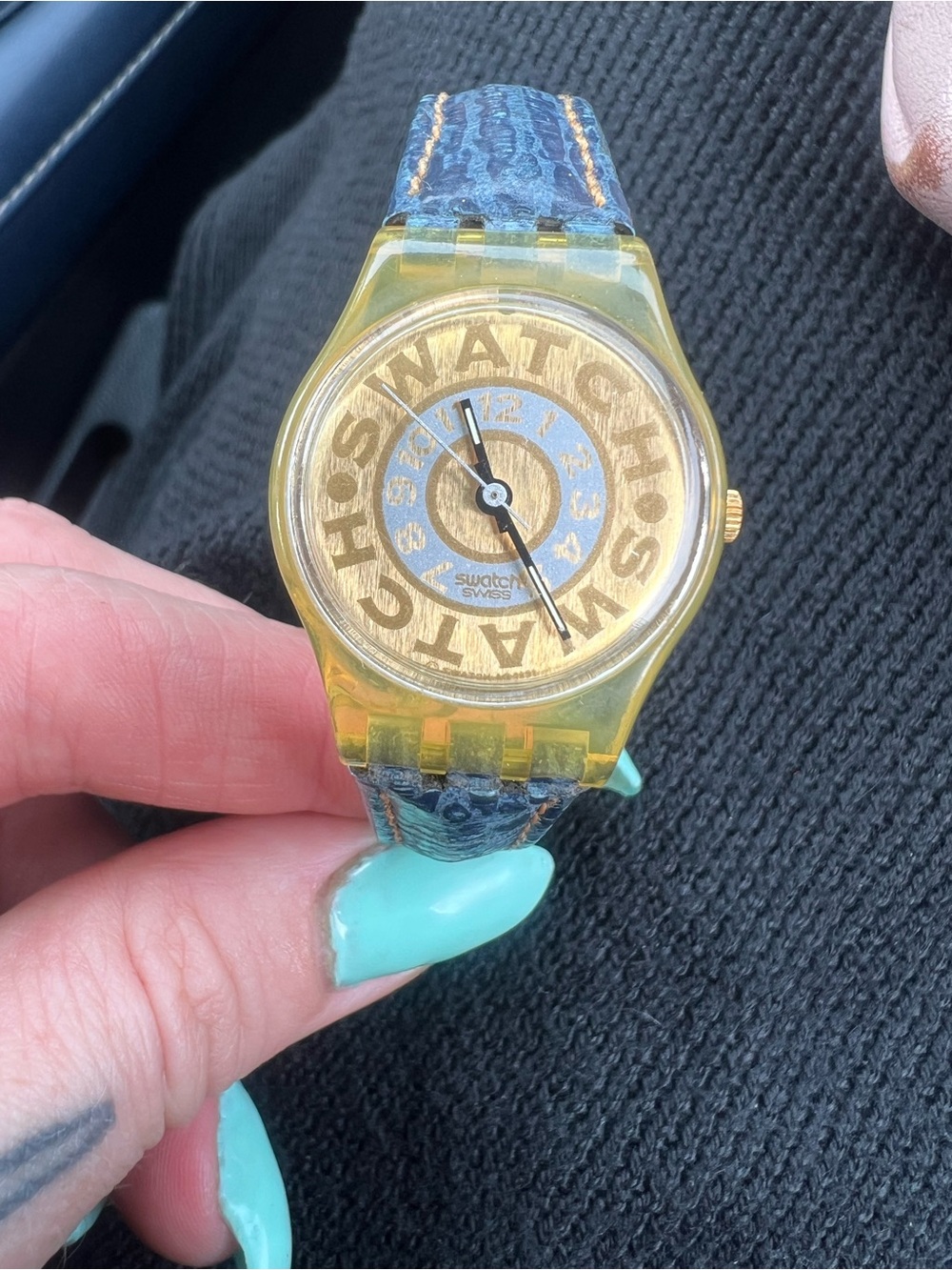 Swatch Gold Dial Transparent Yellow Case with Blue Strap